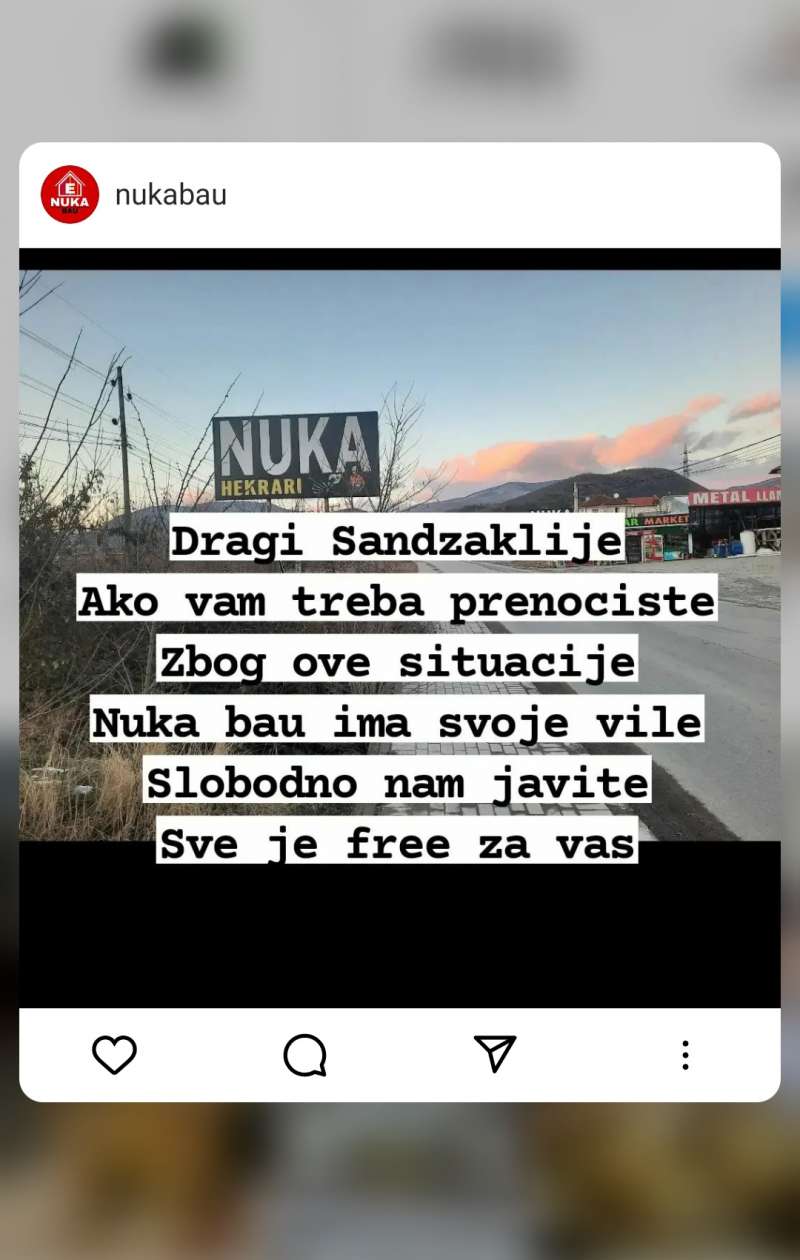 Nuka bau Sandžaklijama nudi besplatno smeštaj na Kosovu