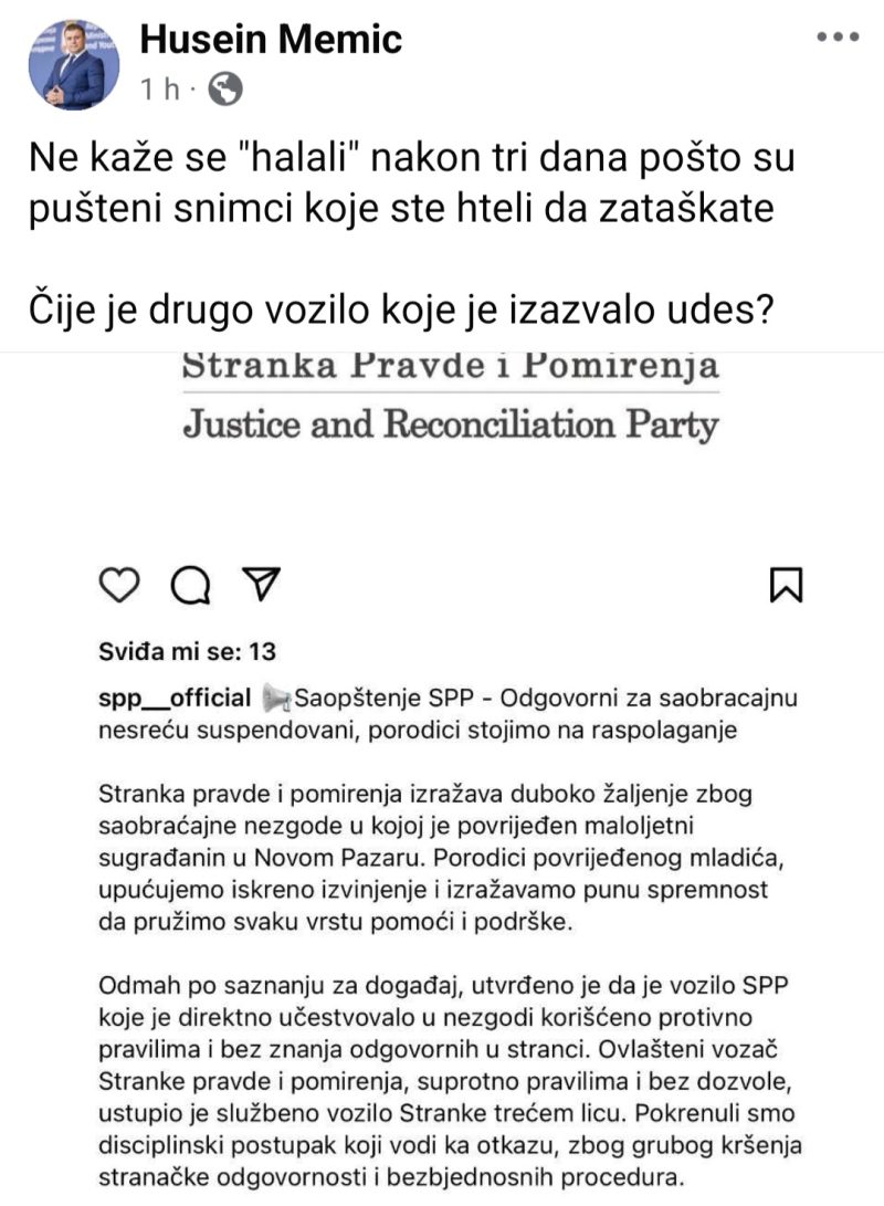Memić: “Ne kaže se “halali” nakon tri dana pošto su pušteni snimci koje ste hteli da zataškate”